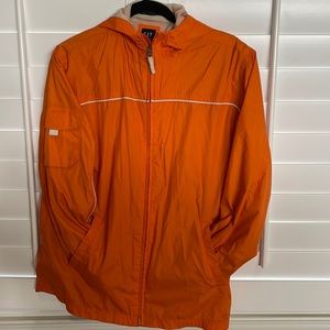 Lightweight water resistant parka with two pockets and a hood.